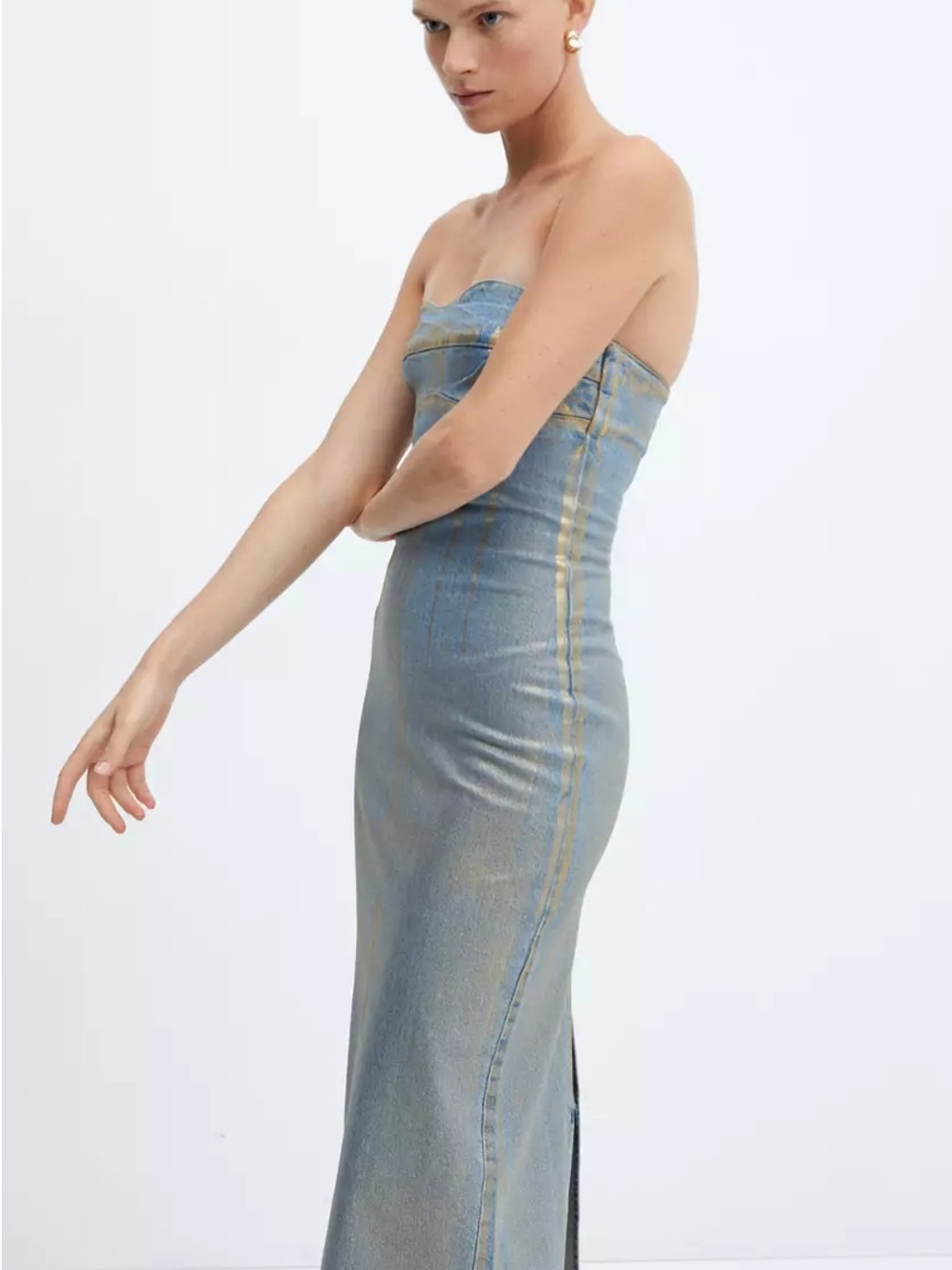 Mango Strapless Light Blue Denim Foil Midi Dress